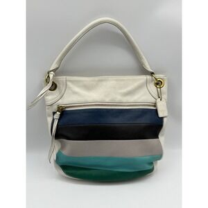 Fossil Ivory Green Blue Striped Pebbled Leather Roomy  Karli Bag‎ Approx 14"x12"